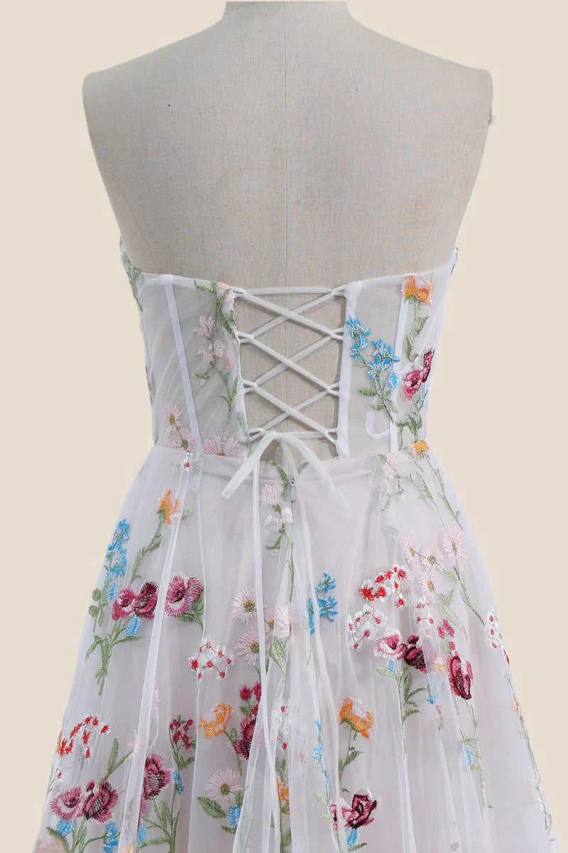 Strapless White Floral Embroidery Tulle Long Dress
