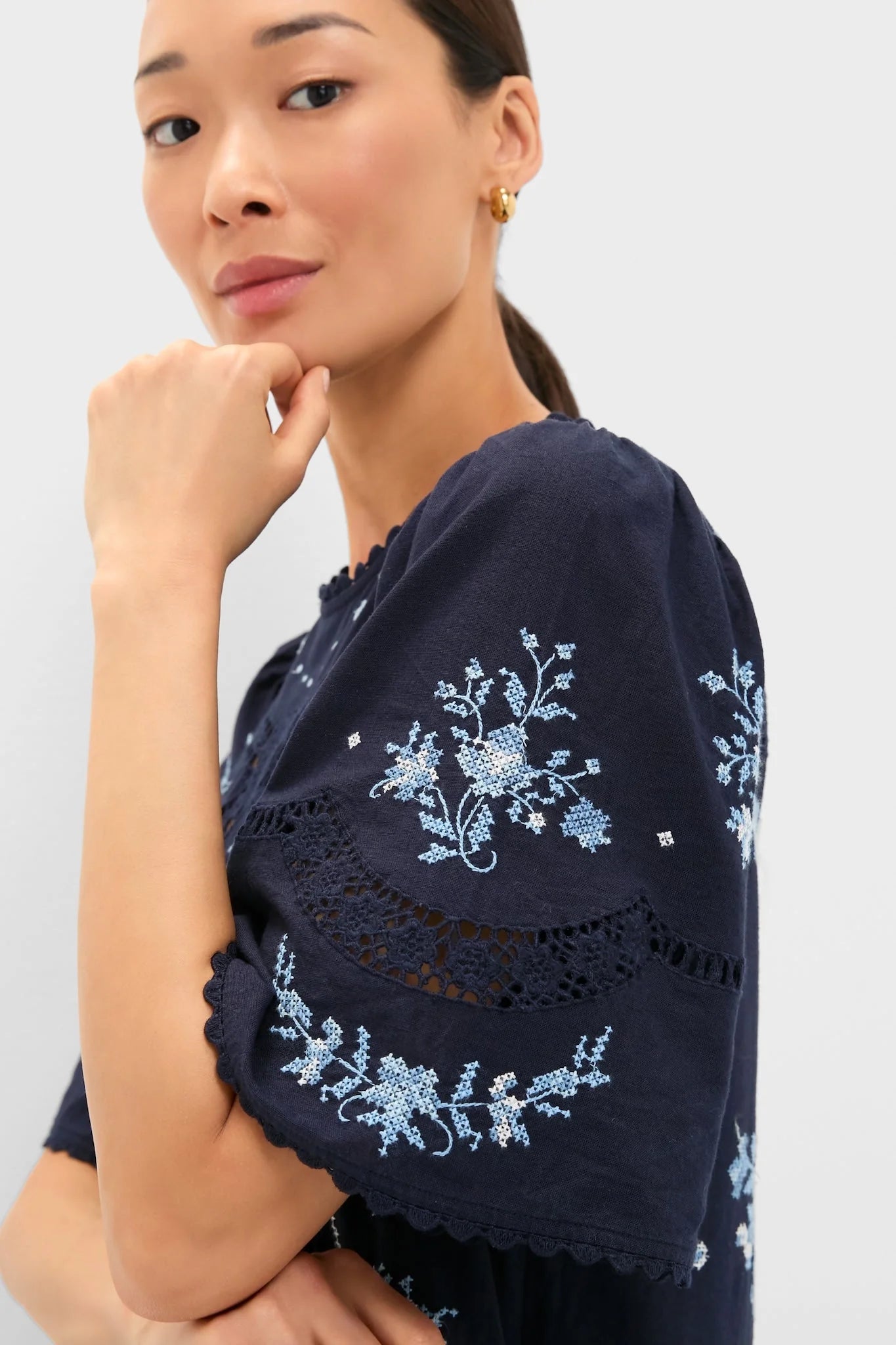 Exclusive Navy Edwina Embroidery Midi Dress