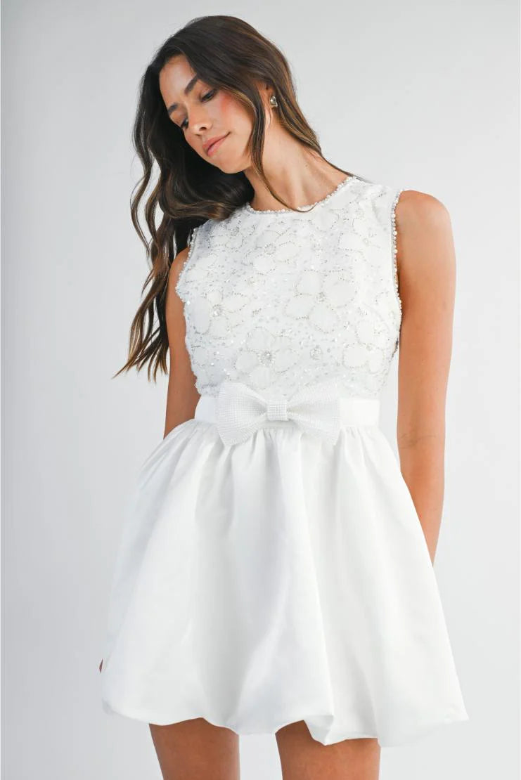 Isabelle Embellished Floral Appliques Bubble Mini Dress - White