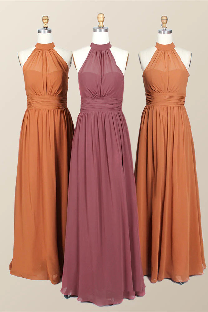 High Neck Mint Green Chiffon A-line Bridesmaid Dress