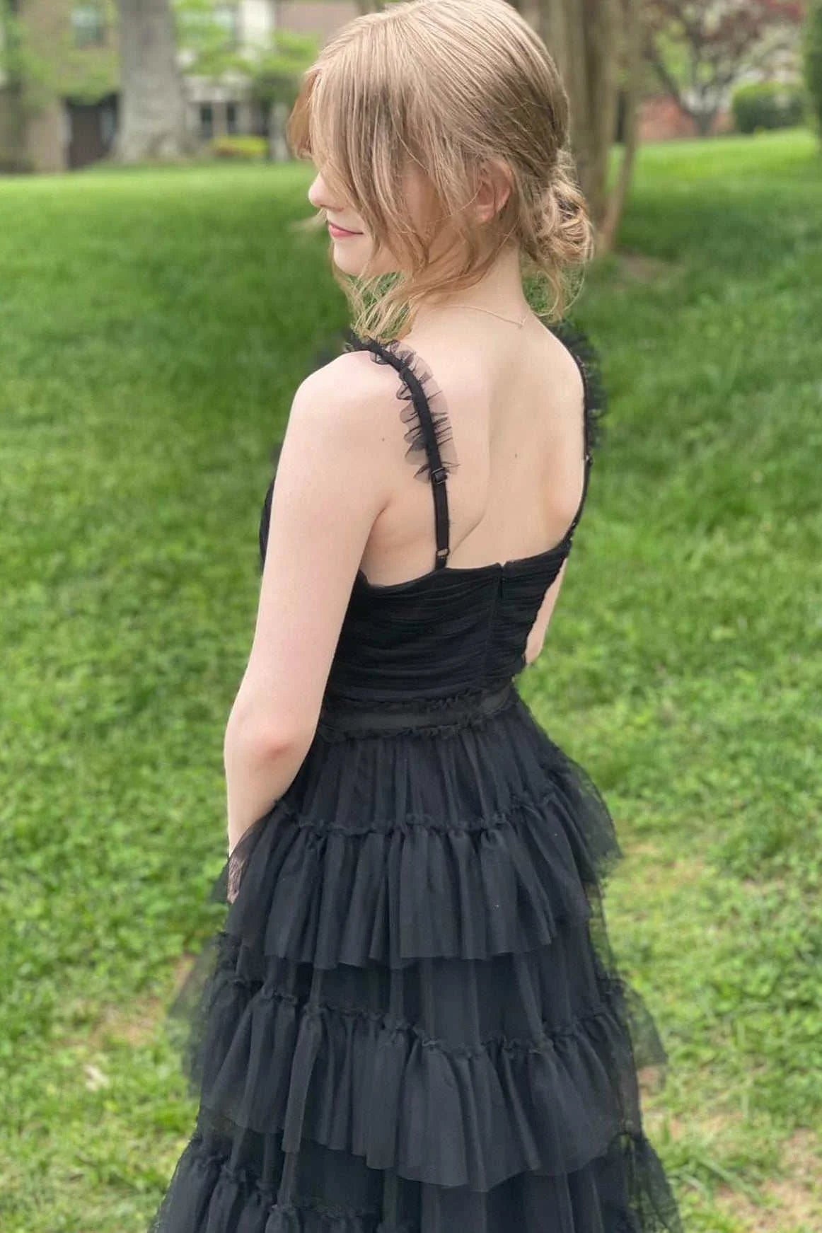 V-neck Blue Ruffle Tiered A-line Long Dress