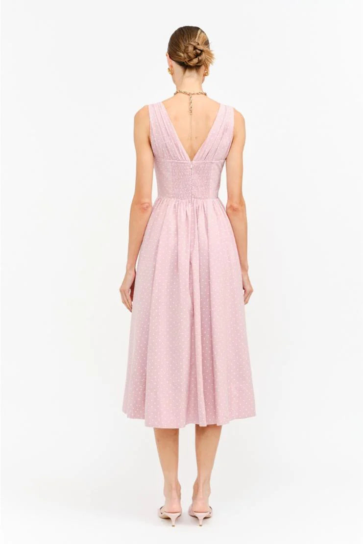 Darlene Polka Dot Linen Midi Dress - Pink