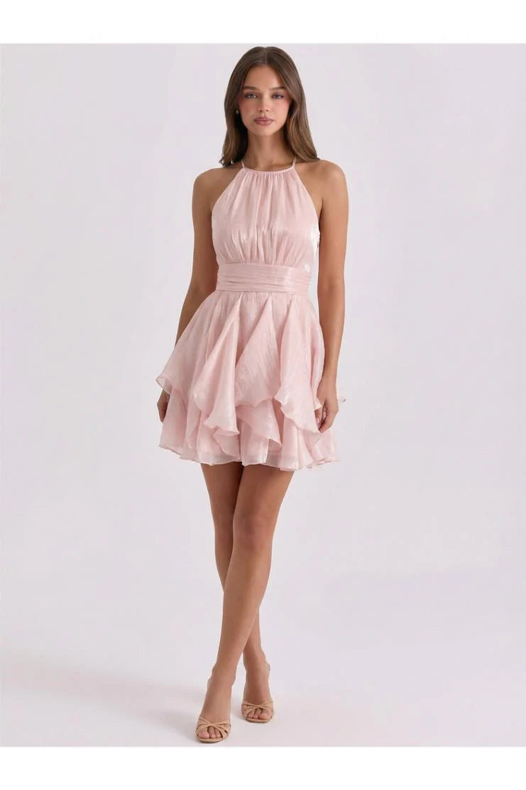 PRE-ORDER Only! (ETA May 15th) Selena Shimmer Halter Neck Ruffle Mini Dress - Pink
