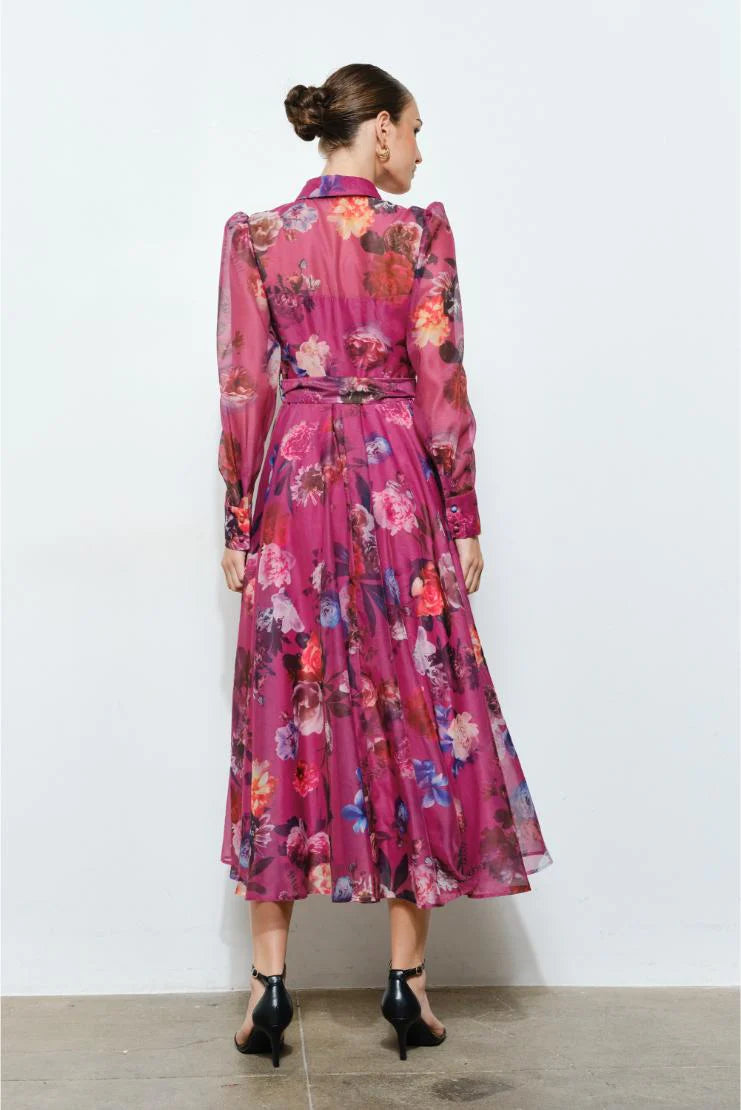 Flora Floral Print Organza Button-Up Midi Dress