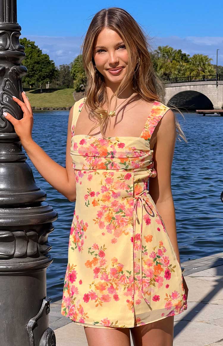 Aveta Yellow Bloom Tie Mini Dress