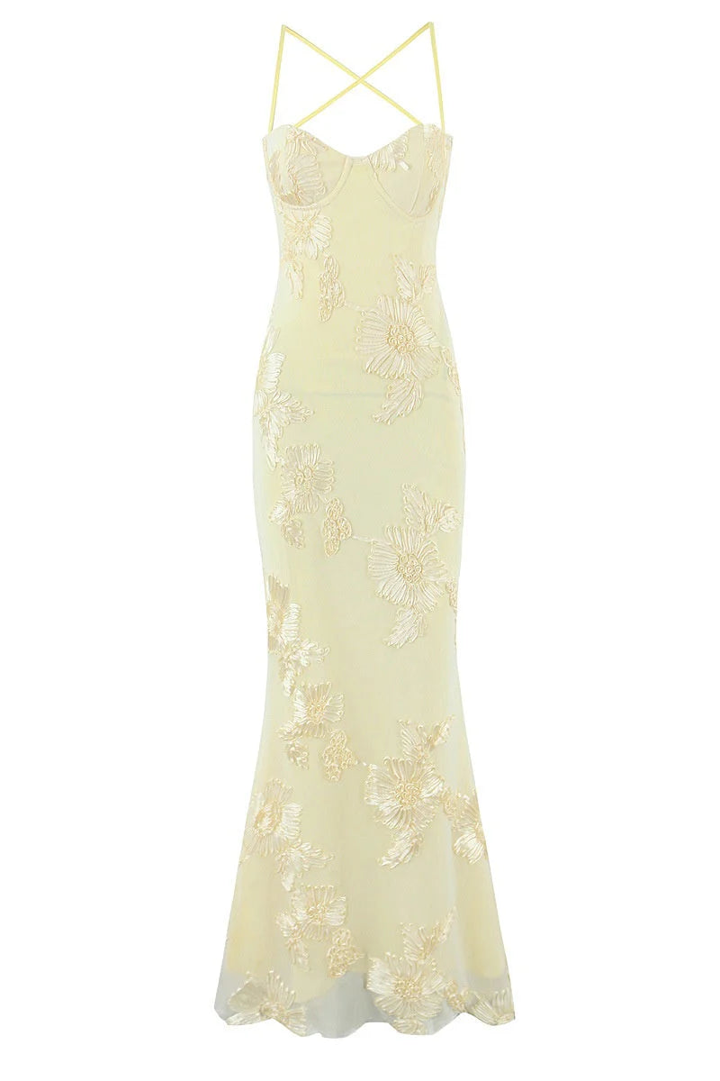 Yellow Embroidered Fitted Straps Dress