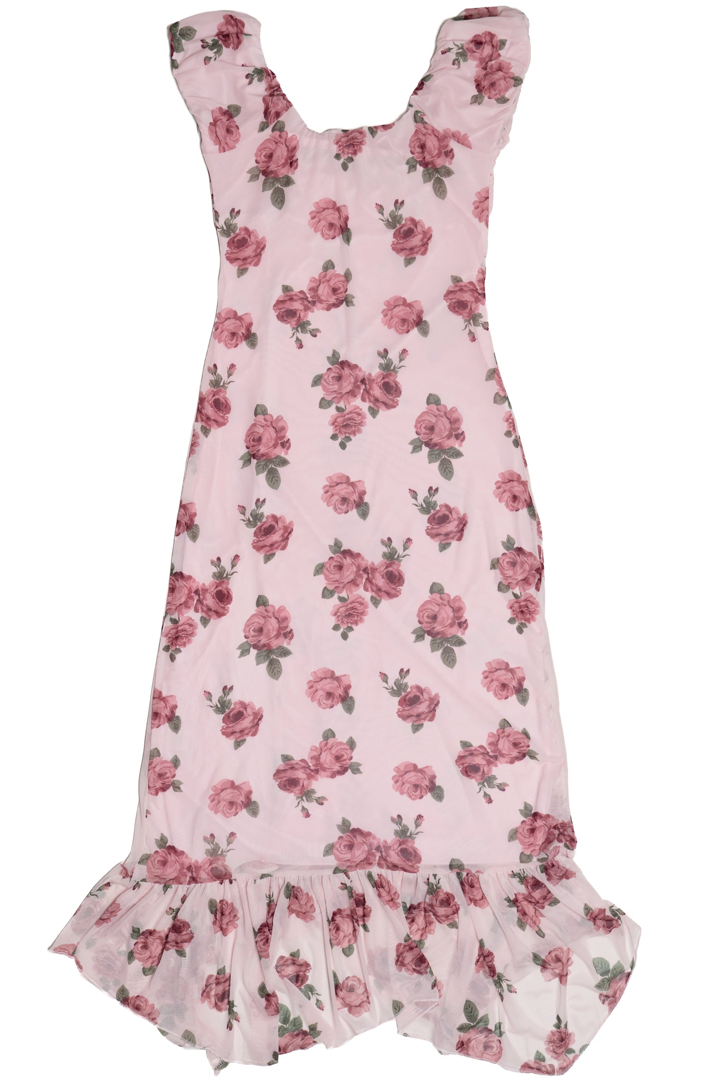 Mesh Puff Sleeve Hanky Hem Maxi Dress