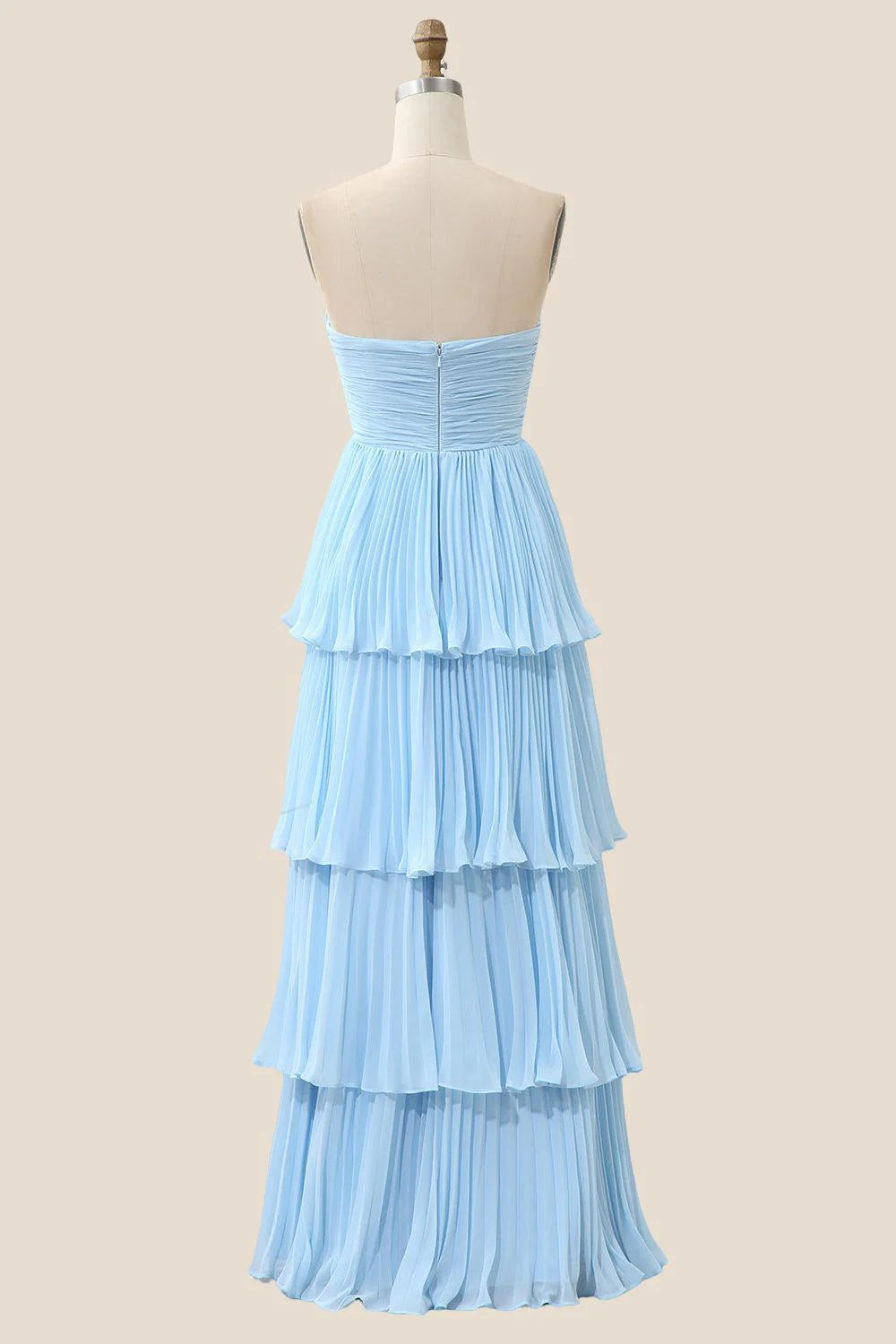 Strapless Pink Pleated Tiered Long Party Dress