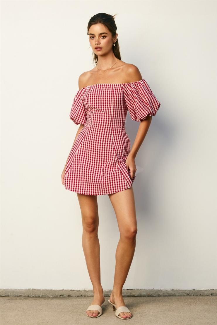 Margot Retro Gingham Off The Shoulder Mini Dress - Red