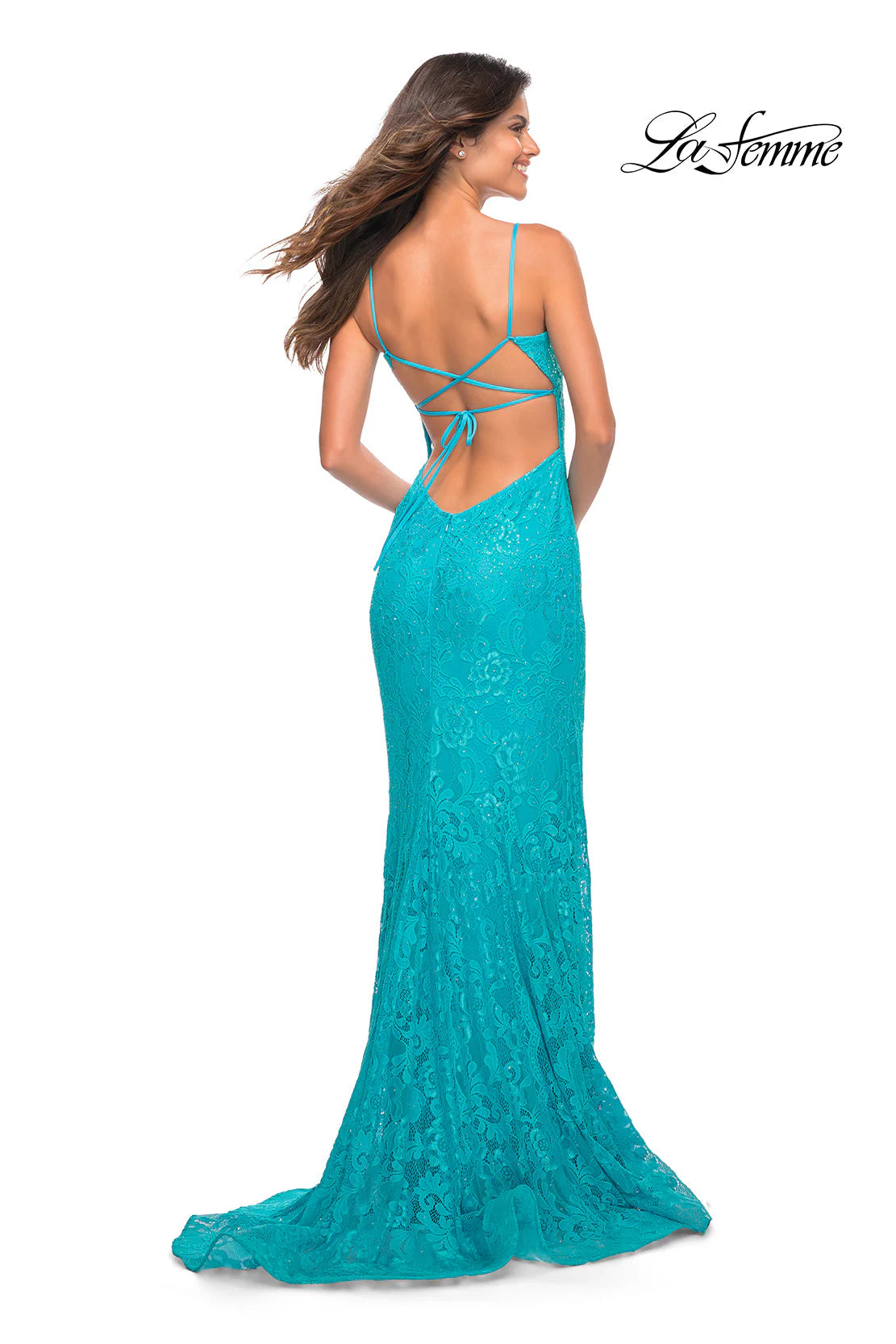 Strappy-Back La Femme Tight Long Lace Prom Dress