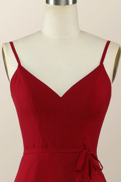 Wine Red Chiffon Wrap Ruffle Long Bridesmaid Dress
