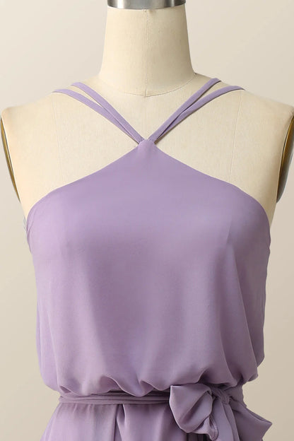 Halter Straps Purple Chiffon Long Bridesmaid Dress