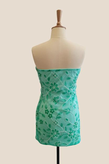 Strapless Purple Beaded Flowers Tight Short Dress