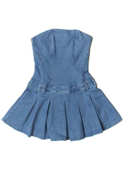 Strapless Denim Pleated Mini Dress