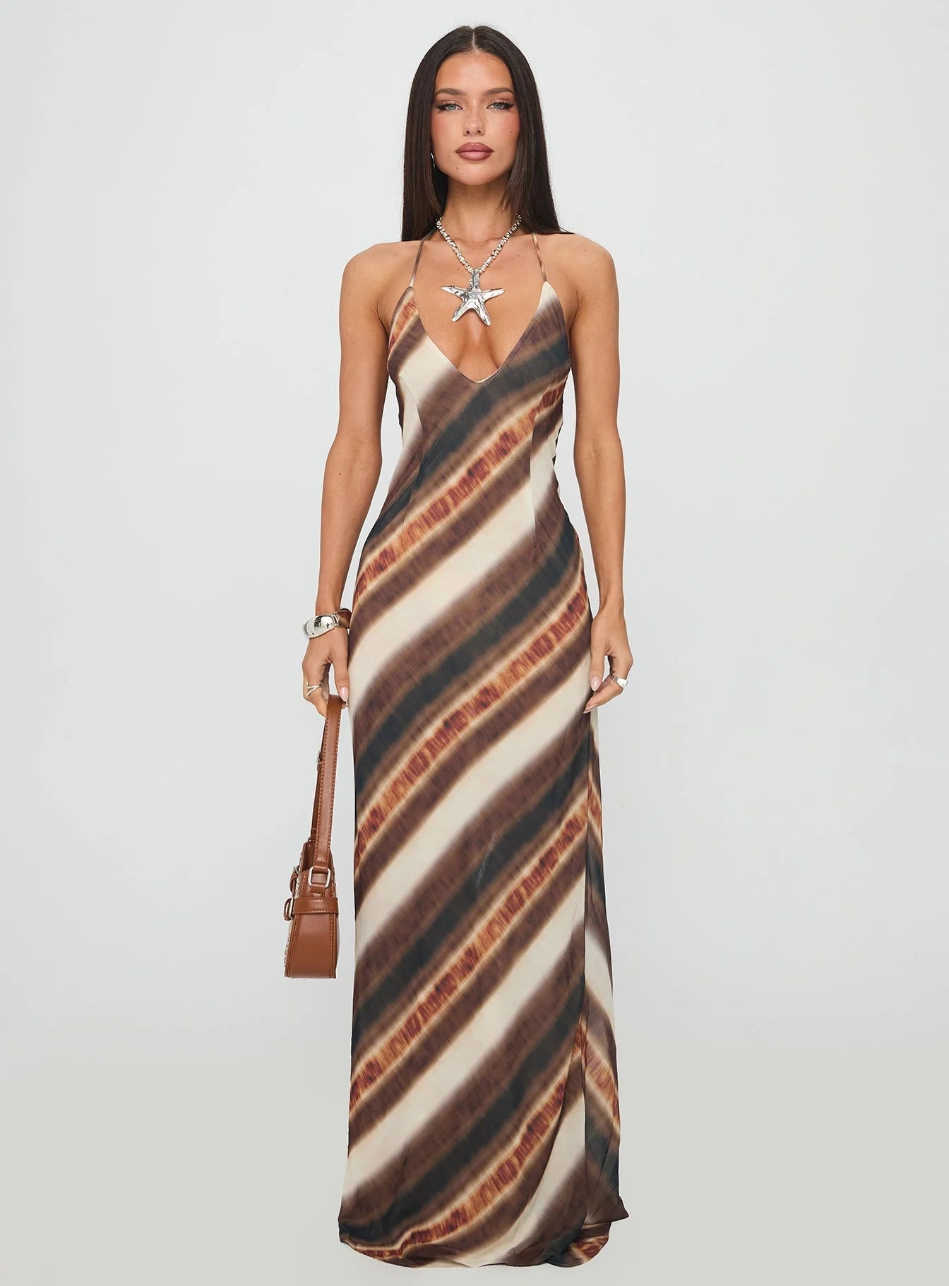 Esmira Halter Maxi Dress Brown Stripe