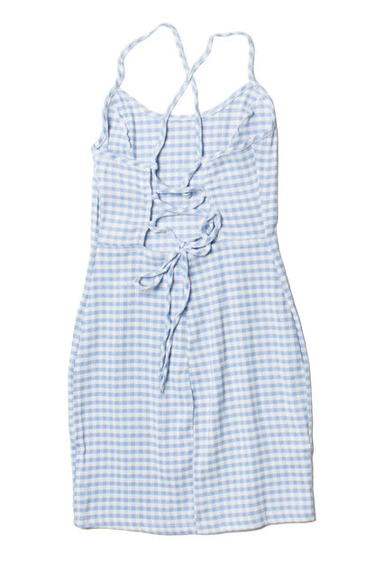 Blue Gingham Lace Up Back Mini Dress