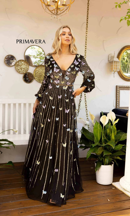 Long-Sleeve Long Sequin Butterfly Prom Dress 12024
