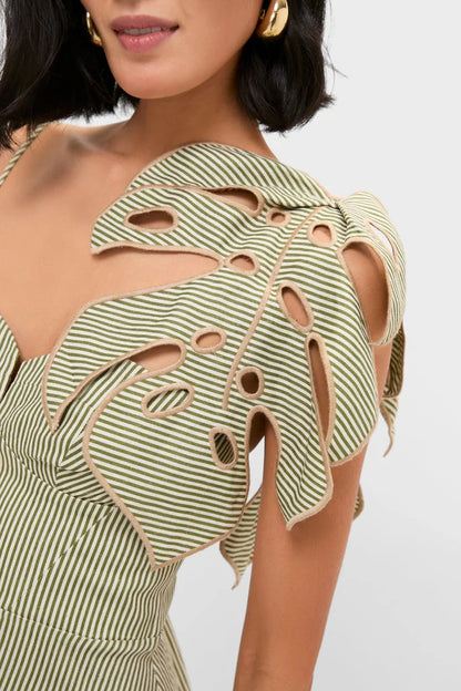 Green Striped Monsterea Leaf Sleeveless Midi Dress