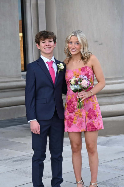 Strapless Pink Floral Short Dress with Silt