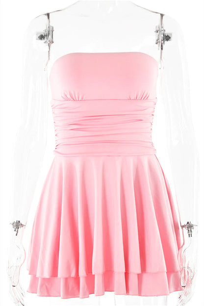 Strapless Orange Ruffle Ruched Short Dress