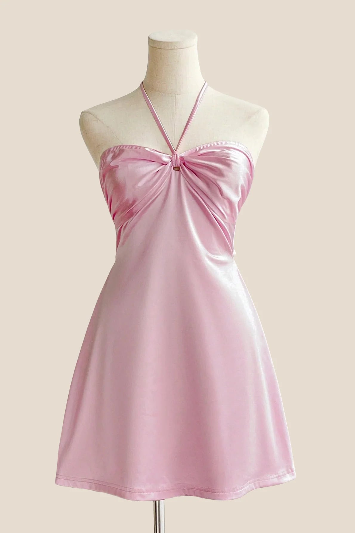 Halter Yellow Back Tie A-line Short Dress