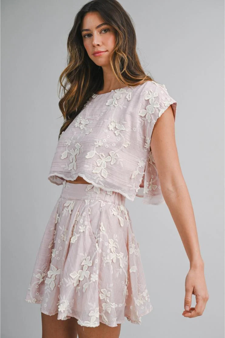 PRE-ORDER ONLY! ETA May 15th!  Isabella Floral Applique Embroidered Crop Top and Mini Skirt (Sold Separately) Blush Pink