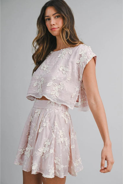 PRE-ORDER ONLY! ETA May 15th!  Isabella Floral Applique Embroidered Crop Top and Mini Skirt (Sold Separately) Blush Pink