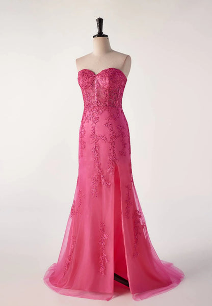 Hot Pink Lace Appliques Mermaid Long Formal Gown