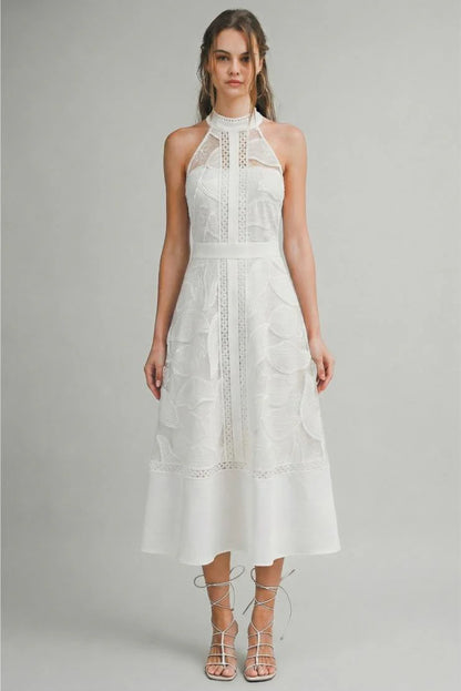 Celine Halter Neck Lace Midi Dress - White