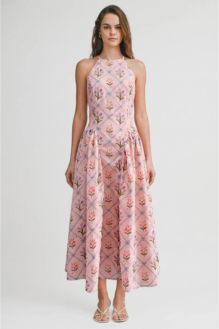 Fiona Floral Jaquard Halter Midi Dress - Pink