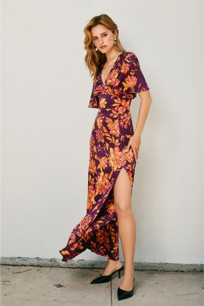 Talia Fall Florals Satin Bell Sleeved Maxi Dress
