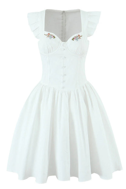 Yellow Cap Sleeve Flower Embroidery Ruched Dress