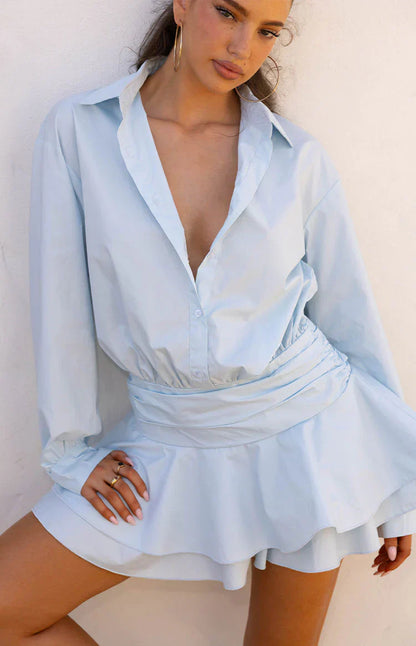 Nicolaini Light Blue Long Sleeve Mini Shirt Dress