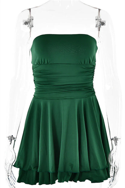 Strapless Orange Ruffle Ruched Short Dress