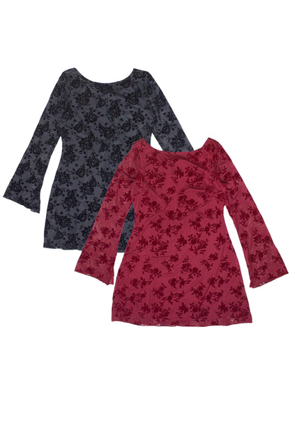 Floral Flocked Mesh Long Sleeve Mini Dress