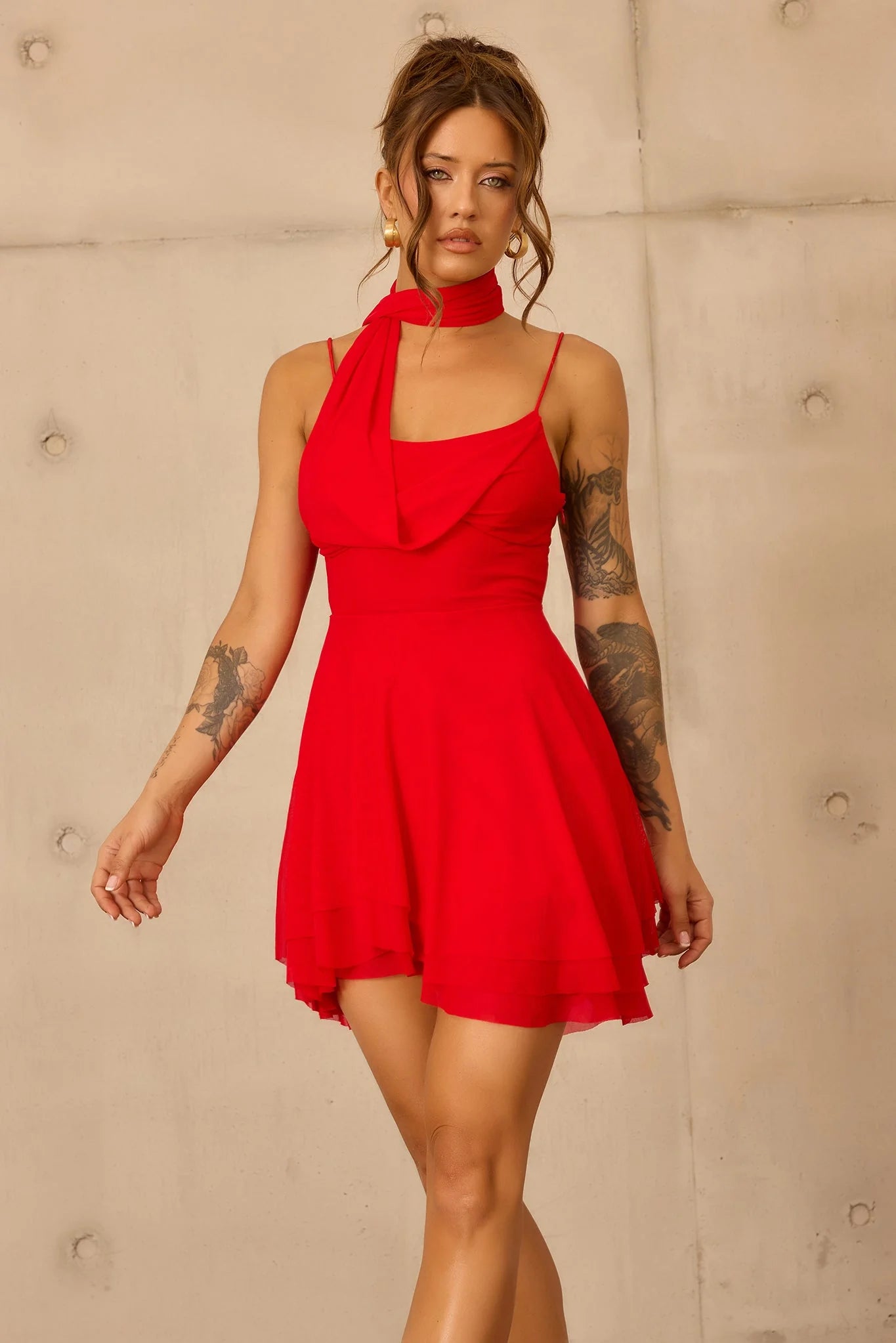Nocturne Veil Mesh Mini Dress - Red