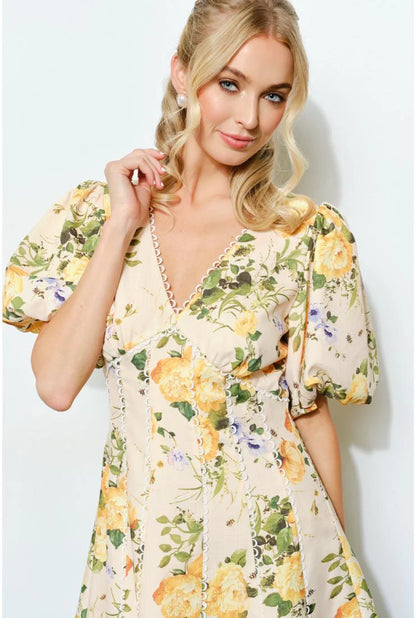 PRE-ORDER ONLY! ETA MAY 30th Savannah Floral Print Puff Sleeve Mini Dress - Yellow