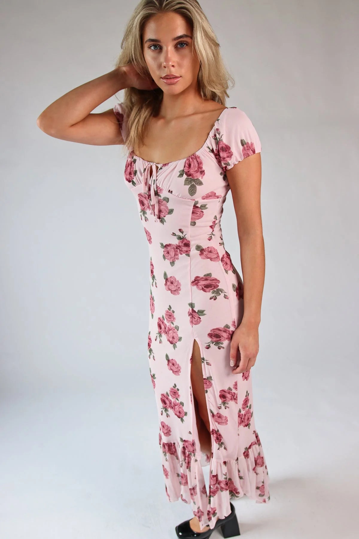 Mesh Puff Sleeve Hanky Hem Maxi Dress