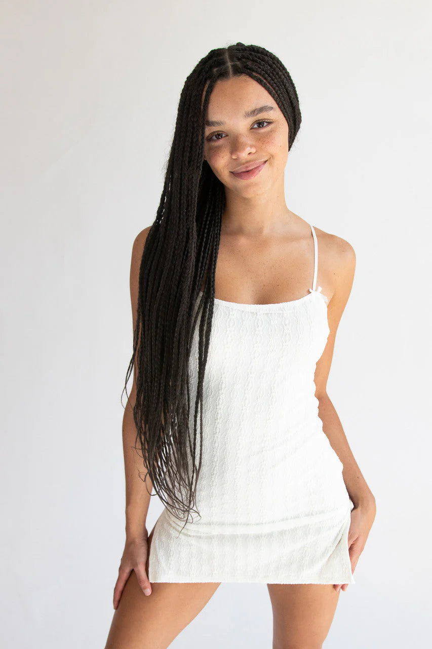 Bow Detail Lined Lace Mini Dress