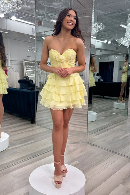 Strapless Red Chiffon Bow Ruffle Short Dress