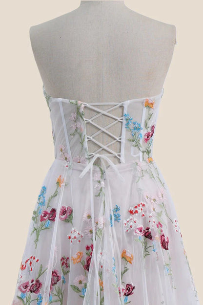 Strapless White Floral Embroidery Tulle Long Dress