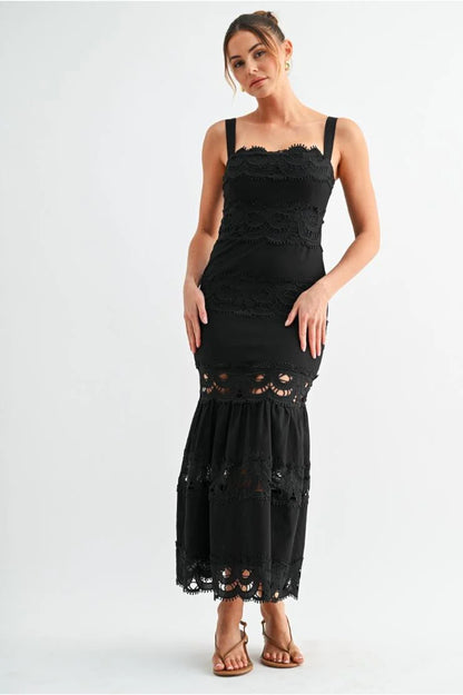 Raven Lace Tiered Midi Dress - Black