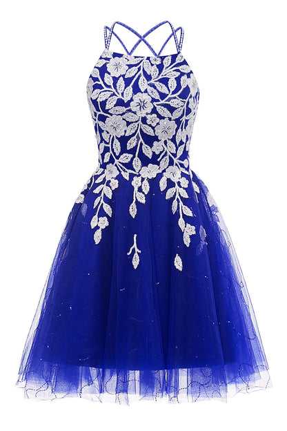 Wine Red Tulle and White Appliques A-line Dress