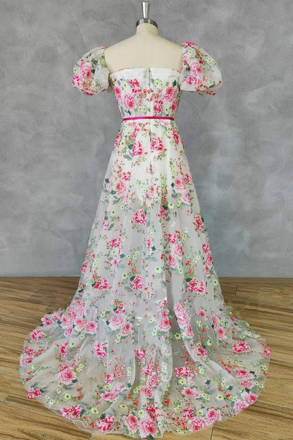 Strapless Floral Embroidery Long Dress with Short Sleeves