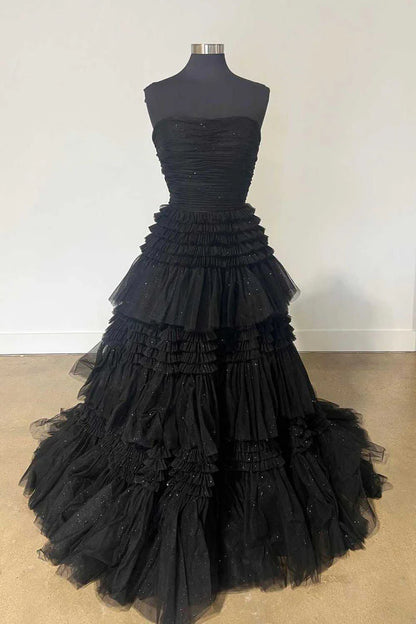 Strapless Periwinkle Tulle Tiered Formal Dress