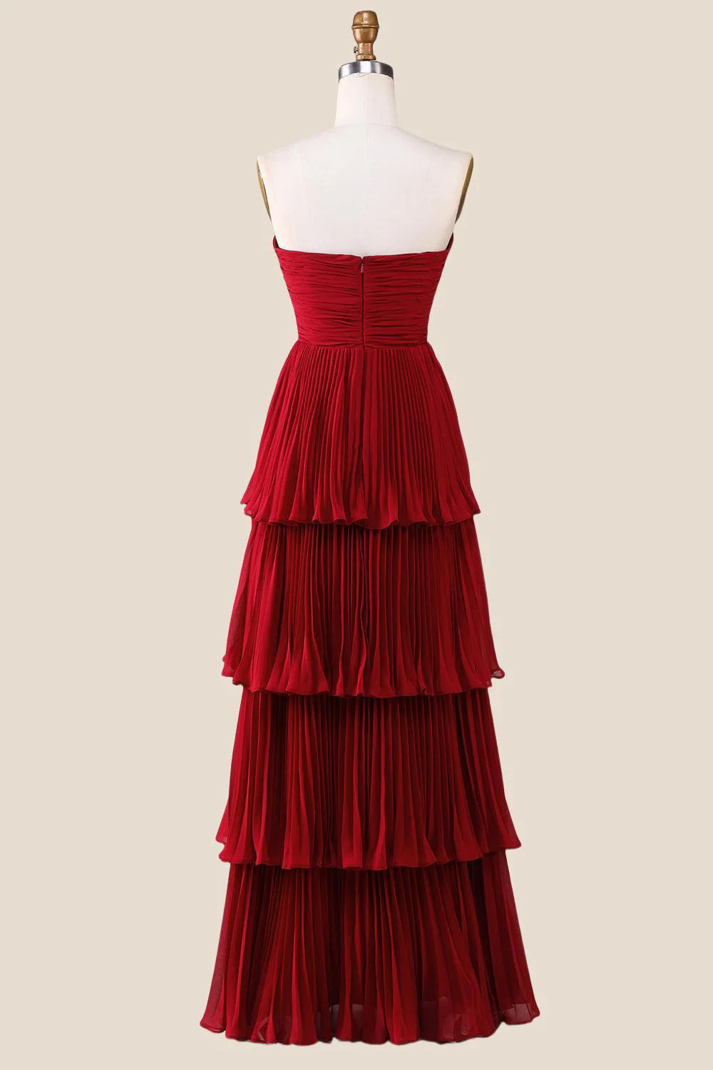Strapless Pink Pleated Tiered Long Party Dress
