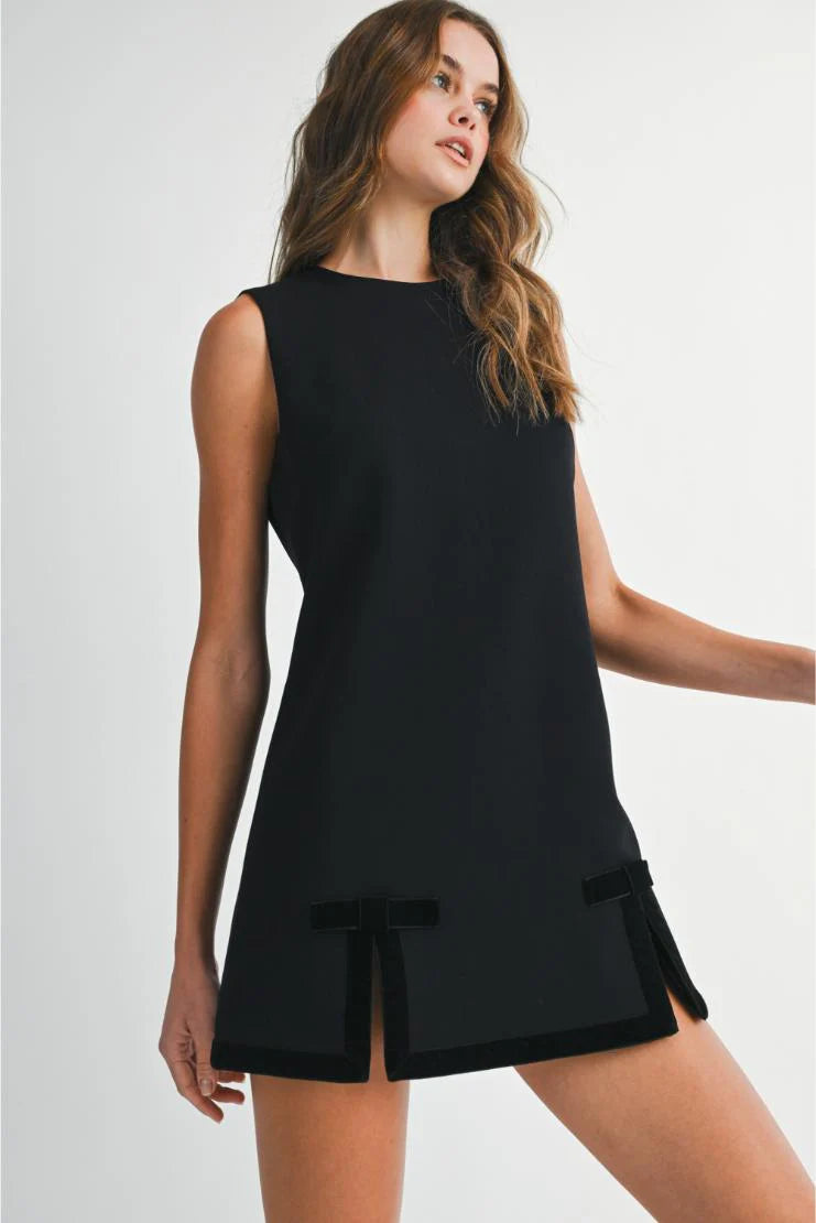 Viola Solid Velvet Bow Shift Dress - Black