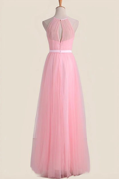 Halter Pink Pleated Tulle A-line Long Party Dress