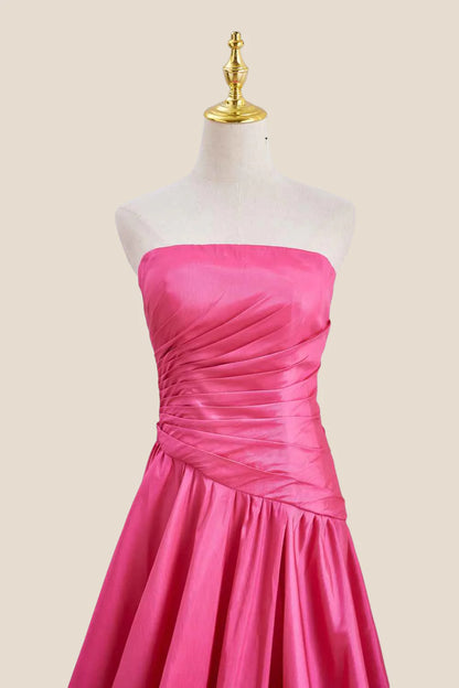 Strapless Hot Pink Ruched Long Formal Gown
