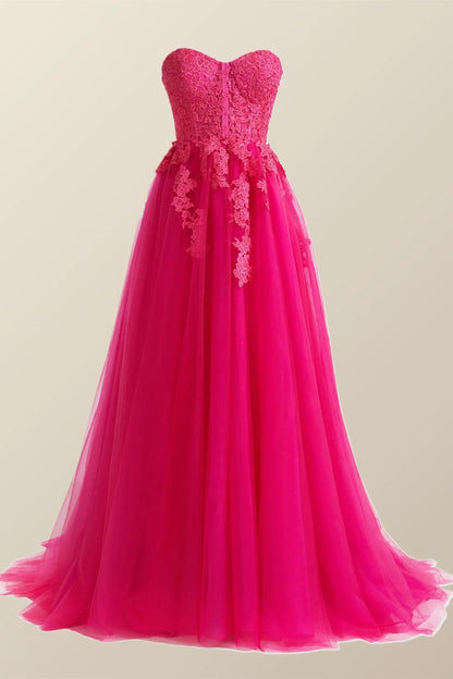 Hot Pink Lace Appliques A-line Long Dress